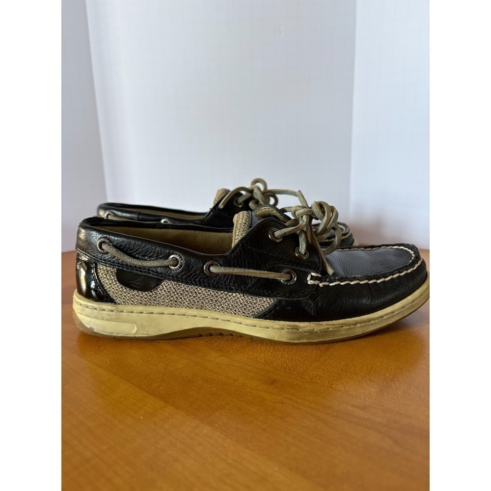 Sperry Top-Sider Boat Shoes Black Leather Canvas/Woven Sides Women 6.5M - Picture 9 of 16